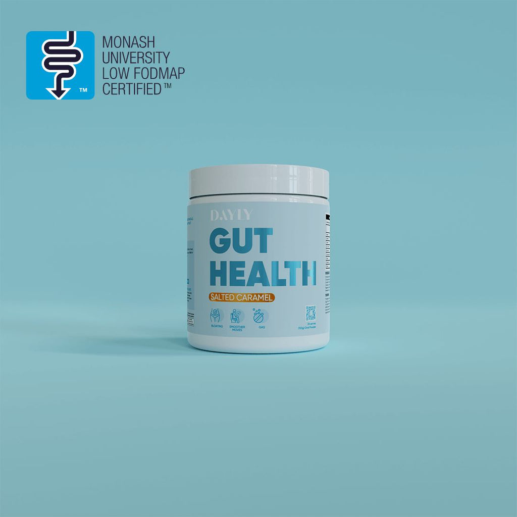 DAYLY Gut Health Salted Caramel on Blue Background
